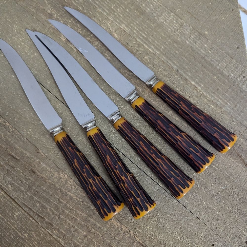 Vintage Bristol Stainless Steel Faux Horn Handle Knives Set of 5 MCM
